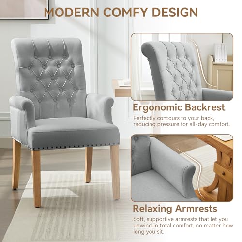 Dining Chair with Arms, Upholstered High Back Dining Room Chairs, Grey | Set of 2, Linen Fabric Dining Chairs, Tufted Armchair with Solid Wood Leg, Nailhead Trim, Comfortable Parson Kitchen Chairs - color: Light Grey, size: 2 PCS