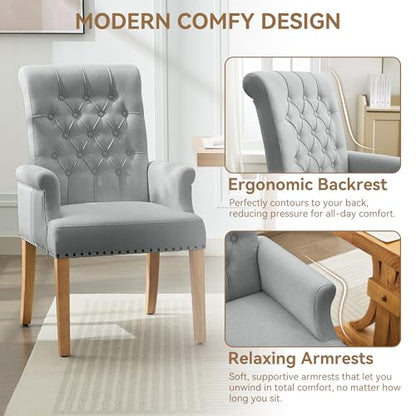 Dining Chair with Arms, Upholstered High Back Dining Room Chairs, Grey | Set of 2, Linen Fabric Dining Chairs, Tufted Armchair with Solid Wood Leg, Nailhead Trim, Comfortable Parson Kitchen Chairs - color: Light Grey, size: 2 PCS
