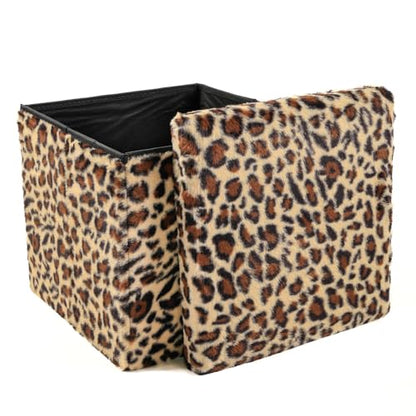 Luxe Faux Fur Storage Ottoman, Leopard, 15 x 15 x 15 in | Engineered Wood, Tool-Free Assembly, Modern Style, Seat And Footrest - color: Leopard, size: 15"D x 15"W x 15"H
