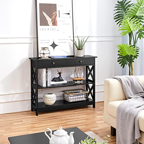 Yaheetech Narrow Entryway Console Table with Drawer, Storage Shelf, Black | X-Frame Painted MDF Build, Drawer and 2 Open Shelves for a Living Room, Sofa Side or Small TV Stand, Tabletop Holds 55 lb - color: Black
