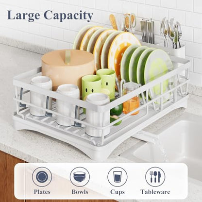 SAYZH Dish Drying Rack for Kitchen Counter with Utensil Holder, White | Stainless Steel, Large Capacity, Angled Drainboard, Rotating Spout, Removable to Clean - color: White