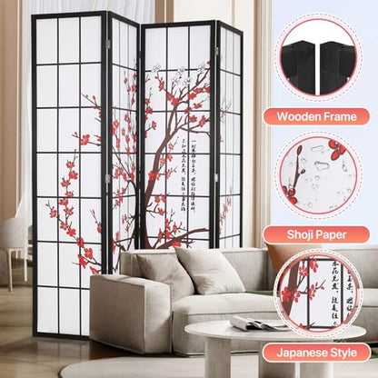 Japanese 4-Panel Screen Room Divider, 6Ft Folding Privacy Divider, White | Chinese Room Dividers, Wooden Freestanding Partition Screen with Plum Blossom