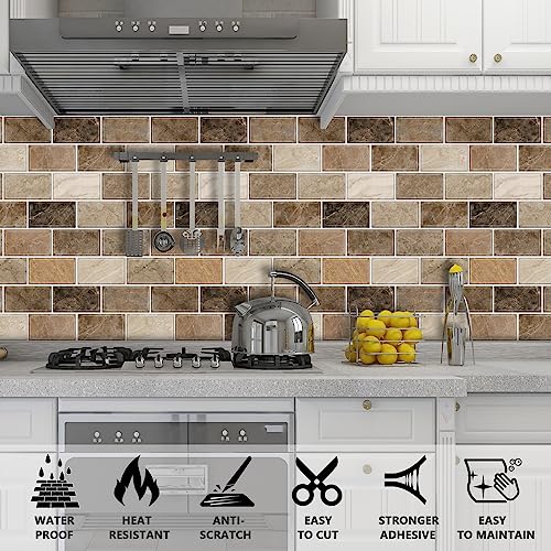 URCOLOR 10-Sheet Stick on Backsplash for Kitchen,12"x12" Peel and Stick Self Adhesive Wall Tiles Back Splashes for Bathroom Brown Marble Look - color: Brown Marble