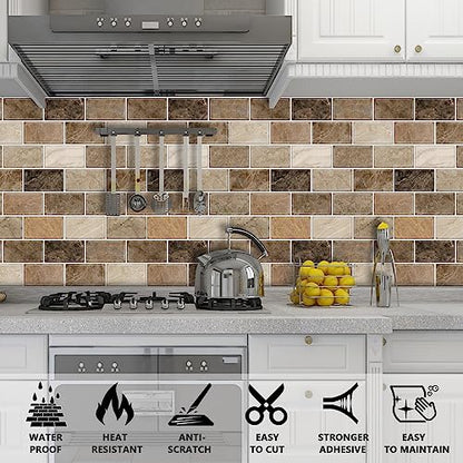 URCOLOR 10-Sheet Stick on Backsplash for Kitchen,12"x12" Peel and Stick Self Adhesive Wall Tiles Back Splashes for Bathroom Brown Marble Look - color: Brown Marble
