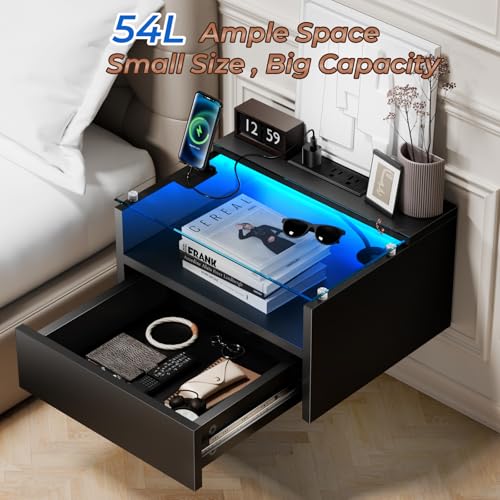 Black Floating Nightstand Set of 2 with Charging Station, 18.9" Extended Bedside End Table with Drawer and LED, Modern Wall Mounted Night Stand Side Table with Open Shelf for Bedroom