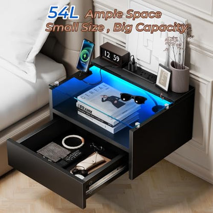 Black Floating Nightstand Set of 2 with Charging Station, 18.9" Extended Bedside End Table with Drawer and LED, Modern Wall Mounted Night Stand Side Table with Open Shelf for Bedroom