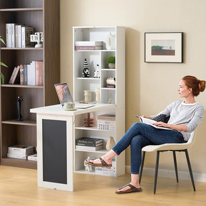 Folding Desk with Storage,Fold Out Convertible Wall Mounted Table,White | Space-Saving,Foldable Desk with Blackboard and Shelves, Multi-Function Desk Cabinet , Murphy Desk Home Office Workstation - color: White