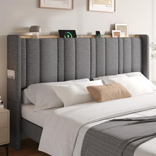 King Size Headboard with Storage, LED Light, Grey | Linen Vertical Wingback Headboard w/ Charging Station, Upholstered Head Board w/ High-Density Foam Padding, 2 Storage Pockets - color: Gray, size: King