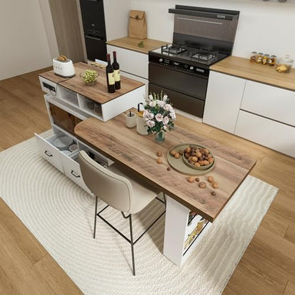 Kitchen Island Storage & Seating, Wheeled & Extendable Table for Kitchen | 360° Swivel Countertop,Built-in Power Outlet,Lockable Casters,Glass Door Storage,Farmhouse Two-tone Finish,White Oak,Drawers