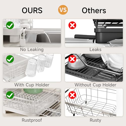 Runnatal Large Dish Drying Rack, Extendable Dish Rack Over Sink | Stainless Steel Dish Strainer with Drainboard, Utensil Holder & Cup Holder for Kitchen Counter, White - color: White