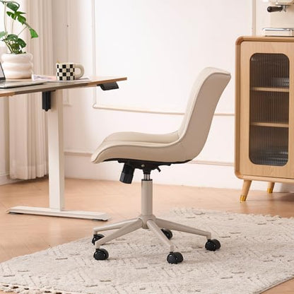YOUTASTE All Cream Office Chair, Modern Armless Desk Chair with Back, Adjustable Swivel Rolling Faux Leather Task Chair with Wheels Metal Base for Home Office, Study, or Vanity - color: All Cream