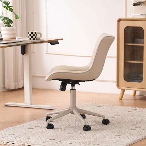 YOUTASTE All Cream Office Chair, Modern Armless Desk Chair with Back, Adjustable Swivel Rolling Faux Leather Task Chair with Wheels Metal Base for Home Office, Study, or Vanity - color: All Cream