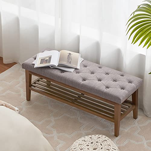 HUIMO Upholstered Entryway Shoe Bench, Button Tufted End of Bed Bench, Grey | with Solid Wood Slatted Shelf, Padded Ottoman Bench for Bedroom, Living Room, Entryway - color: Grey, style: French Country