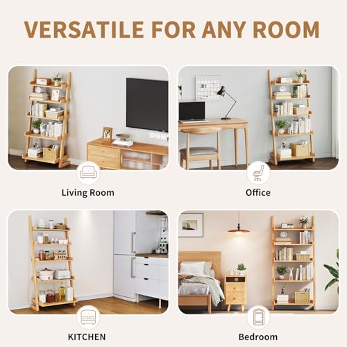 Uniclinens Natural Wooden Ladder Shelf, 5-Tier Ladder Bookshelf, Ladder Shelf Bookcase for Compact Spaces, Wooden Bookshel for Living Room, Bedroom, Home Office,(23.6''Dx15.7''Wx55.1''H) - color: Natural
