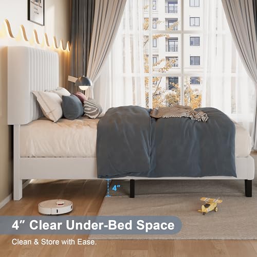 Einhomn Twin Size Bed Frame with Headboard, Upholstered Velvet Platform Bedframe with Solid Wooden Slats, Noise-Free, No Box Spring Needed, Easy Assembly, White - color: White, size: Twin