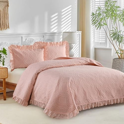 DJY Queen Size Quilt Sets, Ruffled Bedding Set, Blush Pink | Lightweight Modern Pattern Bedspreads, Bed Cover for All Seasons, 96''x90''- 3 Piece (1 Quilt, 2 Pillow Shams) - color: Pink, size: Queen
