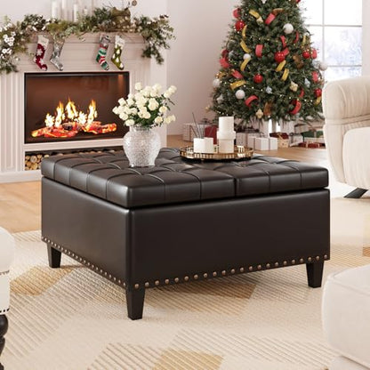 FiveWillowise 31.5 Inch Large Square Ottoman with Storage,Faux Leather | Coffee Table Storage Ottoman Bench with Lift Top Upholstered Footrest Stool Toy Box for Bedroom Living Room,Black - color: Black