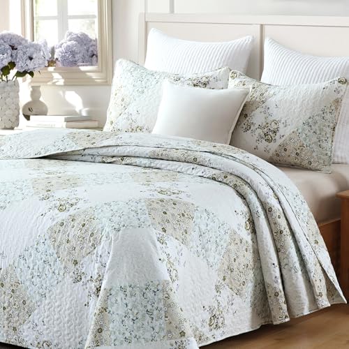 HIARUO Quilt Set King Size 3 Pieces Floral Patchwork Comforter Bedspread Boho Plaid Coverlet Reversible Lightweight Farmhouse Bedding with 2 Pillow Covers Shams for All Season, Green Purple - color: Green & Purple, size: King (90"x104")