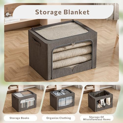 FHSQX 3 Pack Clothes Storage Bins with Metal Frame | Dark Gray, 19.7x15.7x13inch (66L) Foldable , Stackable, Linen Fabric, Carrying Handles, Clear Window - color: Dark Gray, size: 19.7x15.7x13inch(66L)
