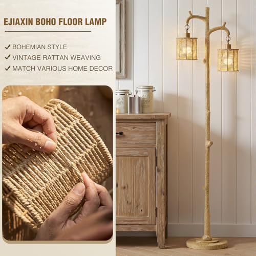 EJIAXIN Floor Lamp for Living Room - 69" Farmhouse Tree Trunk Standing Lamps - Country Resin Tall Lamp with 2 Rattan Lampshade - Rustic Floor Lamp for Bedroom Office Home Decor - color: Beige