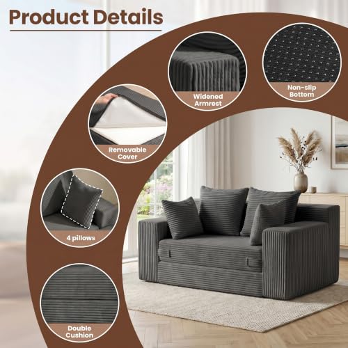 Boneless Mini Couch 53 Inch, 3-in-1 Gray Boneless Couches Covertible Sofa Bed with 4 Pillows, Small Couches for Living Room, Bedroom, Small Space - color: Grey, size: 53 Inch