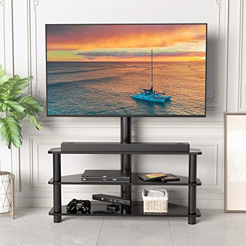 Corner Swivel Glass TV Stand with Mount for 32-65 Inch TV up to 110lbs, Height Adjustable Corner TV Stand with Mount, Entertainment Center with TV Mount and 3-Tier Storage for AV Media - color: Black