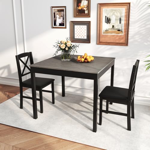 GOFLAME 3-Piece Dining Table Set for 2, Wooden Square Kitchen Table with 2 Upholstered Chairs, Space-Saving Dining Room Furniture Set for Dining Room, Breakfast Nook, Small Space, Grey & Black - color: Grey & Black