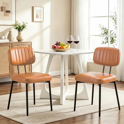 Dining Chairs Set of 2, PU Leather Upholstered Kitchen Chairs | Metal Legs, Mid Century Shell Style Backrest for Dining Living Room, Brown - color: Brown, size: Set of 2