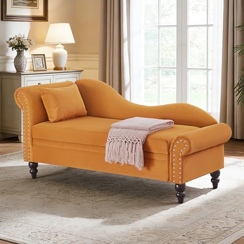 ERYE Velvet Upholstered Right Facing Chaise Lounge Chair, Blue Chaise Lounge Storage W/Nailhead Trim, Wood Legs, Classic Recliner Lounger Accent Sofa for Living Room Bedroom - color: Yolk Yellow/R