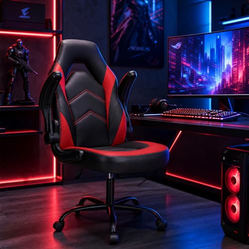 Sweetcrispy Gaming Chair, Lumbar Support Home Office Computer Chair | PU Leather, Flip-up Armrest, Swivel Wheels, Height Adjustable, Video Racing, Red - color: Red