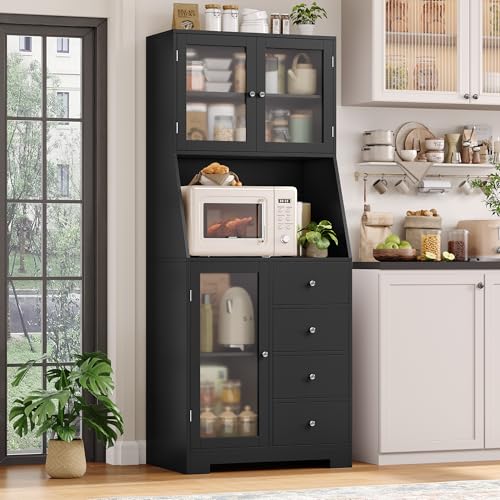 64'' Kitchen Pantry Storage Cabinet, Tall Kitchen Storage Cabinet with Microwave Stand, Hutch Cabinet with Adjustable Shelves, for Dining Room, Black | Save Space, Frosted Glass Door, Hutch Cabinet with Adjustable Shelves, for Dining Room (Black) - color: