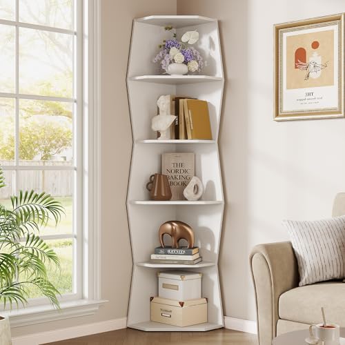 6-Tier Wavy Corner Shelf, Wooden Tall Corner Bookshelf, White | 70'' Narrow Corner Shelves, Modern Irregular Corner Bookcase for Living Room, Bedroom, Anti-tip Kit, 33lbs/Shelf - color: Pure White
