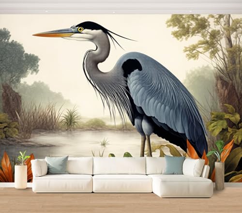 Wall Mural Egret Heron Bird White Painting Blue Audubon Great Animal Water Plants Peel & Stick Wallpaper Removable Self-Adhesive Large Wall Sticker Wall Decor for Bedroom Living Room Nursery 100"x144" - color: Multi8, size: 100"x144"