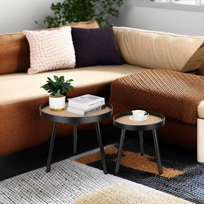 Rattan Round Side Table, Black Small End Table, Accent Table, Modern Boho Bedside Table, Mid-Century Patio Side Table, End Tables for Living Room Bedroom Office Balcony - color: Black-set