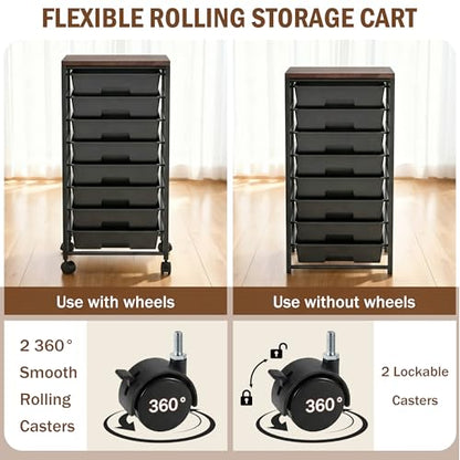 Rolling Cart with 8 Drawers, Storage Drawers Cart with Wooden Tabletop and Lockable Wheels, Craft Storage for Living Room, Office, Classroom, Craft Room, Bedroom (Black) - color: Black