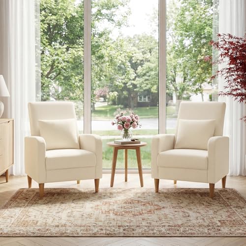 COLAMY Mid-Century Modern Accent Chairs Set of 2, Fabric Upholstered Living Room Chairs with Back Pillow & Solid Wood Legs, Comfy Armchair for Living Room, Bedroom, Single Sofa, Beige - color: Beige, size: Set of 2
