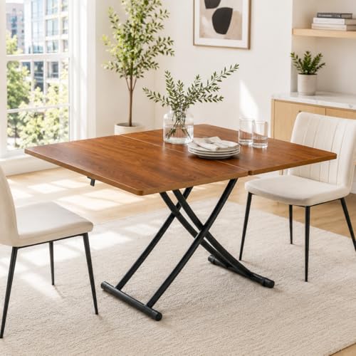Liftable Folding Dining Table for 4, Adjustable Drop Leaf Table, Folding Coffee Table for Small Spaces, Scratch-Resistant Wood Top with Metal Frame for Apartment Kitchen Living Room - color: Walnut-black