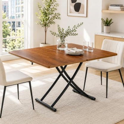 Liftable Folding Dining Table for 4, Adjustable Drop Leaf Table, Folding Coffee Table for Small Spaces, Scratch-Resistant Wood Top with Metal Frame for Apartment Kitchen Living Room - color: Walnut-black