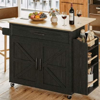IRONCK Kitchen Island with Drop Leaf, 35.4" W Rolling Kitchen Table, Black | Rolling Kitchen Cart with Storage Cabinets, Drop Leaf, Built-in Power Outlet & Lockable Wheels for Kitchen Organization - size: 35.4-Inch