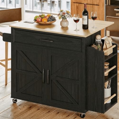 IRONCK Kitchen Island with Drop Leaf, 35.4" W Rolling Kitchen Table, Black | Rolling Kitchen Cart with Storage Cabinets, Drop Leaf, Built-in Power Outlet & Lockable Wheels for Kitchen Organization - size: 35.4-Inch