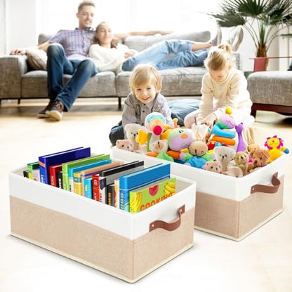 6 Pack Fabric Storage Bins, Large Storage Baskets for Shelves | Foldable Closet Organizer Storage Boxes with Leather Handles for Clothes, Sheets, Jeans, Toys, Books (Beige and White) - style: 6 Pack Beige & White