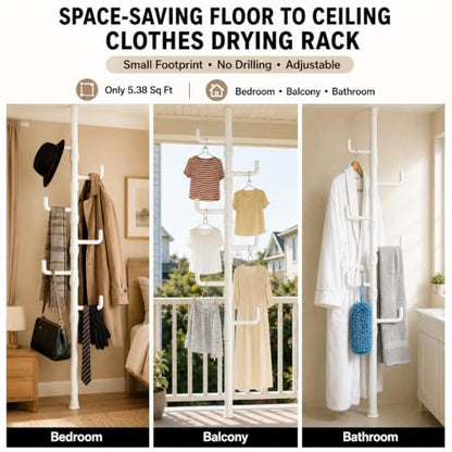 Floor to Ceiling Clothes Drying Rack, Adjustable Tension Pole Laundry Rack for Balcony. Vertical Coat Hanger Stand for Bathroom Bedroom, No Drilling Easy Install Space Saving (White) - color: White