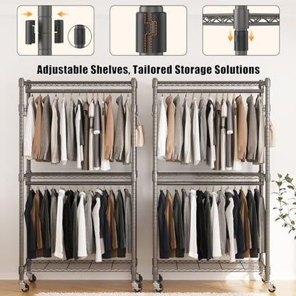 BATHWA Clothes Rack Rolling Narrow 2 tier Garment Rack for Hanging Clothes， Space Saving Portable Clothing Rack with Wheels and Double Rods 8 Hangers, Adjustable, Gray