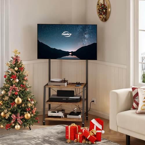 HOOBRO Rolling TV Stand with Mount and Power Outlet Up to 55 inch TV, Corner Entertainment Center, Small TV Stand with 3-Tier Storage Shelves for Living Room, Bedroom, Rustic Brown and Black BF66UDS01 - color: Rustic Brown and Black