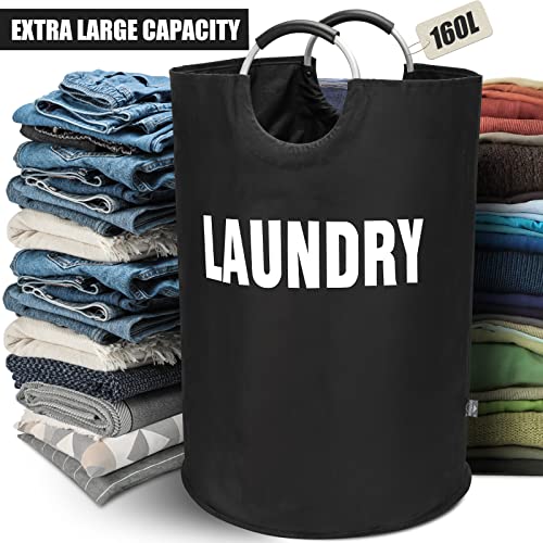 DOKEHOM 160L XX-Large Laundry Basket (7 Colors), Collapsible Laundry Bag, Foldable Laundry Hamper, Folding Washing Bin (Black, XXL) | Freestanding tall washing bin & foldable laundry bag. Extra large clothes storage basket with durable sturdy handles - co