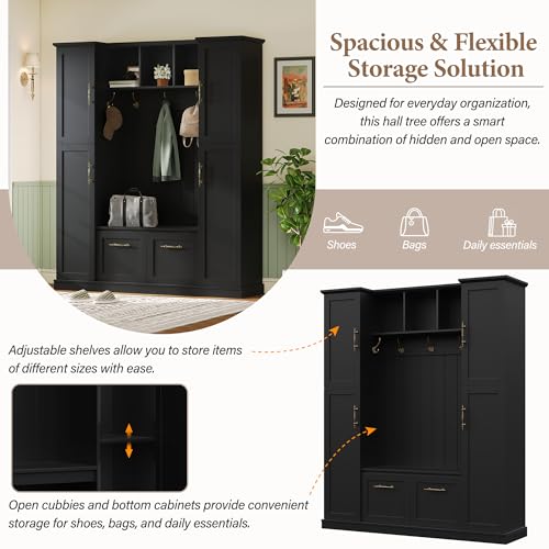 JIVOIT Farmhouse Hall Tree with 4 Side Cabinets, Adjustable Shelves & Open Cubbies, All-in-One Mudroom Furniture, Beadboard Entryway Bench with Coat Rack & 5 Hooks for Hallway (Black,152) - color: Black,152