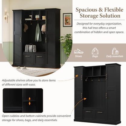 JIVOIT Farmhouse Hall Tree with 4 Side Cabinets, Adjustable Shelves & Open Cubbies, All-in-One Mudroom Furniture, Beadboard Entryway Bench with Coat Rack & 5 Hooks for Hallway (Black,152) - color: Black,152