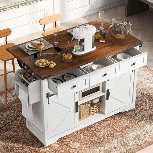 53.7" Kitchen Island with Drop Leaf & Power Outlet, Rolling Kitchen Island Cart On Wheels with 2 Sliding Barn Door, Kitchen Island Table with Storage, for Kitchen, Dining Room (White) - color: White