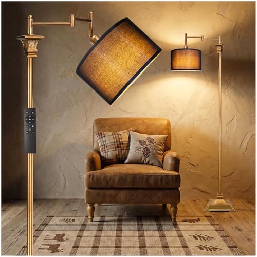 Scenekoy 68” Floor Lamp with Remote for Living Room Bedroom, Antique Gold | 350ºAdjustable Swing Arm Standing Lamp, Stepless Brightness, Black Shade, Decor for Reading House Home Office, Bulb Included - style: Antique Gold