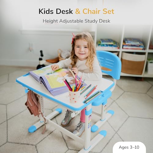 Mount-It! Kids Desk and Chair Set, Height Adjustable Sturdy, Kid Study Workstation and Chair Set for Boys, Home School, Arts, Drawing, Crafts, Ergonomic Childrens Storage Drawer Blue - color: Blue